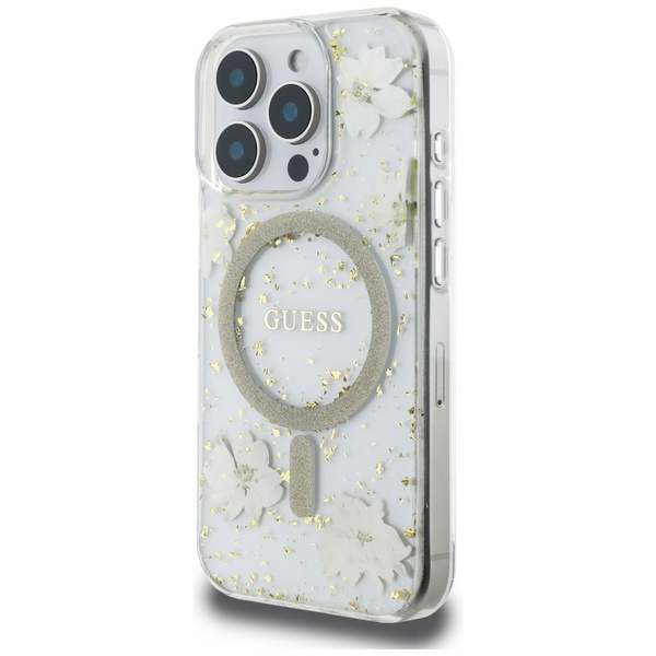 Etui Guess Resin Flowers Glitter MagSafe do iPhone 16 Pro  beżowy