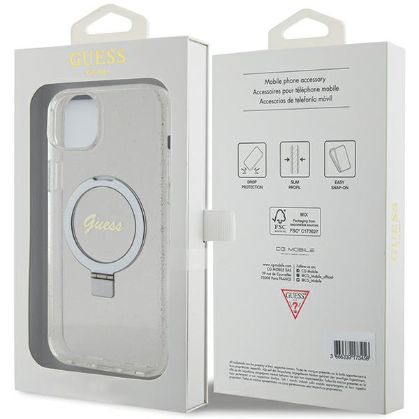Guess GUHMP15MHRSGSD iPhone 15 Plus / 14 Plus 6.7" przezroczysty/transparent hardcase Ring Stand Script Glitter MagSafe
