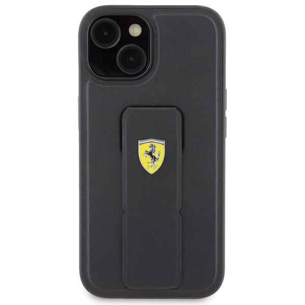 Etui Ferrari Grip Stand Metal Logo na iPhone 15 - czarne