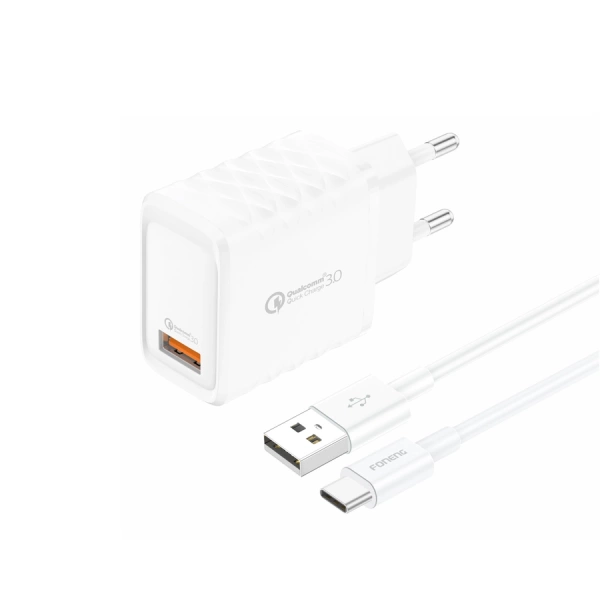 FONENG wall charger EU54 18W 1xUSB QC3.0 + cable USB-C White