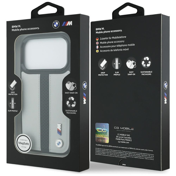 Etui BMW M Perforated Stripe Logo        MagSafe do iPhone 17 Pro szary