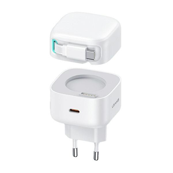 USAMS Ład. siec. 1xUSB-C ze zwijanym kablem USB-C Retractable PD+QC 35W Gan Fast Charging biały/white XMF Series CC202TC02 (US-CC202)