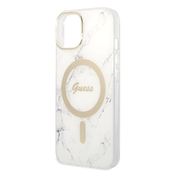 Zestaw Guess GUBPP14MHMEACSH Case+ Charger iPhone 14 Plus / 15 Plus 6.7" biały/white hard case Marble MagSafe