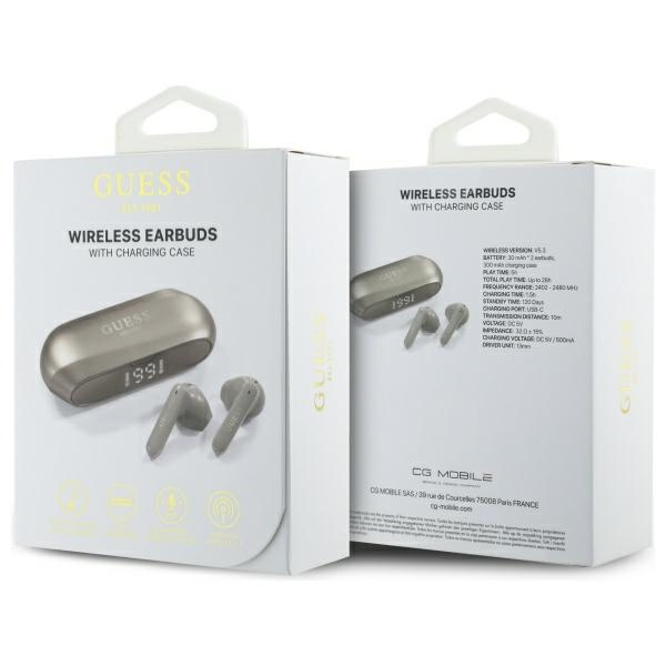 Guess słuchawki Bluetooth GUTWSC2MCDSD   TWS + stacja dokująca złoty/gold Elongated Metalic Printed Logo