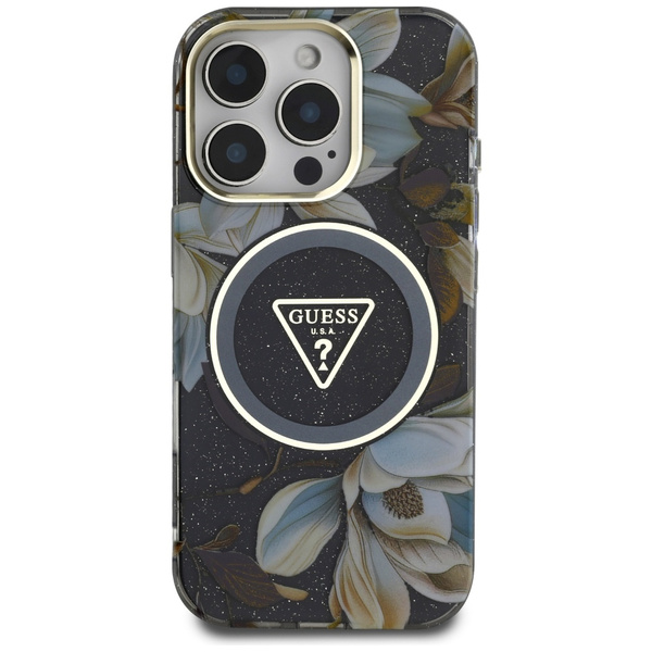 Etui Guess Glitter Flowers Triangle      Buttons MagSafe do iPhone 16 Pro czarny
