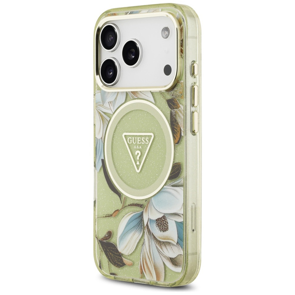 Etui Guess IML Glitter Flowers Triangle  MagSafe do iPhone 17 Pro Max zielony