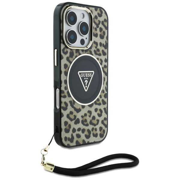 Etui Guess HC IML Leopard Triangle Cord  Strap do iPhone 16 Pro MagSafe brązowy