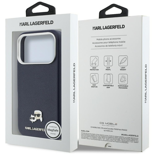 Etui Karl Lagerfeld Karl & Choupette Head Pins Saffiano MagSafe do iPhone 17 Pro niebieski