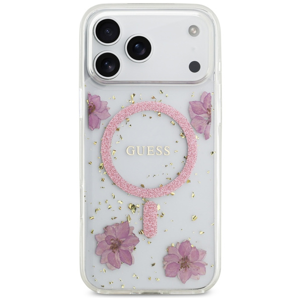 Etui Guess Resin Flowers Glitter MagSafe do iPhone 17 Pro Max różowy