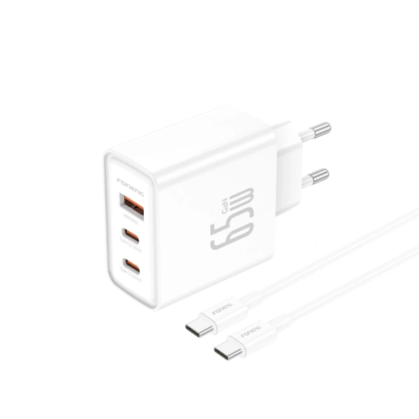 FONENG wall charger Gan50-EU GaN PD 65W 2xUSB-C + 1xUSB QC3.0 + cable USB-C - USB-C White