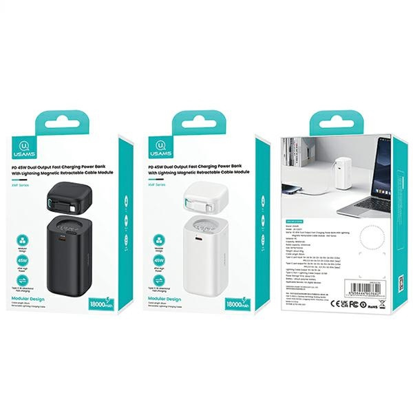 USAMS Powerbank ze zwijanym kablem Retractable Lightning 18000 mAh PD45W Fast Charge XMF Series czarny/black 20KCD21701 (US-CD217)
