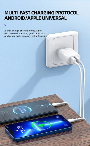 JELLICO ładowarka sieciowa EU02 2.4A 12W 2xUSB + kabel USB-C Biały