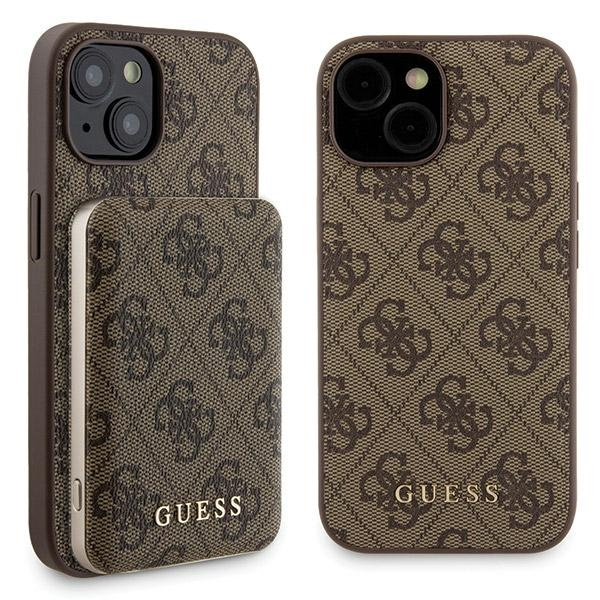 Zestaw Guess GUBPM5P15S4GEMGW iPhone15 6.1" hardcase + Powerbank 5000mAh MagSafe brązowy/brown 4G Metal Logo