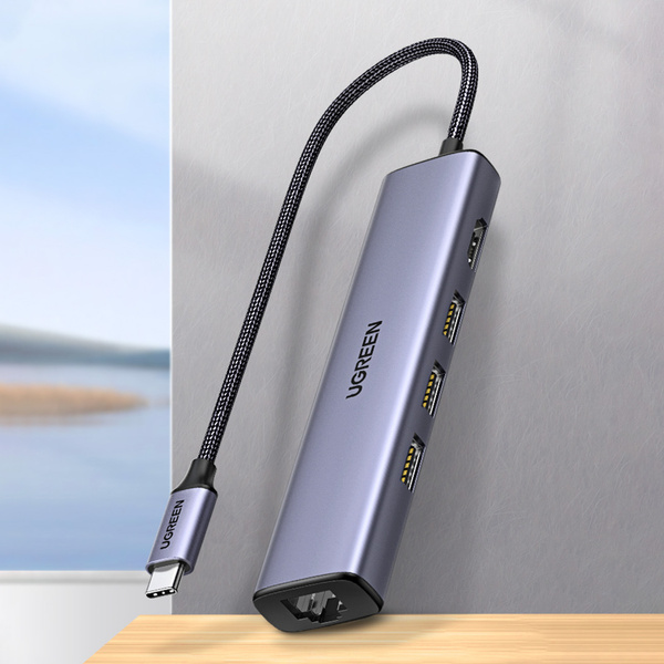 Ugreen adapter konwerter HUB 5w1 USB C - 3x USB 3.0 / HDMI / RJ45 szary (CM475)
