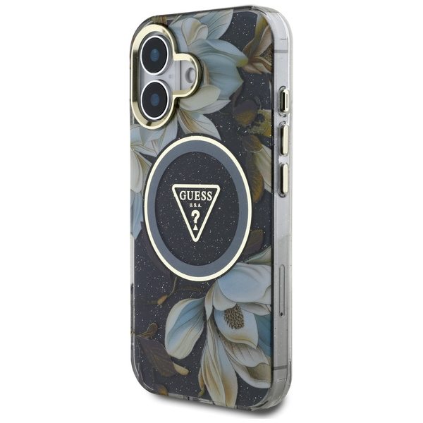 Etui Guess Glitter Flowers Triangle      Buttons MagSafe do iPhone 16 czarny