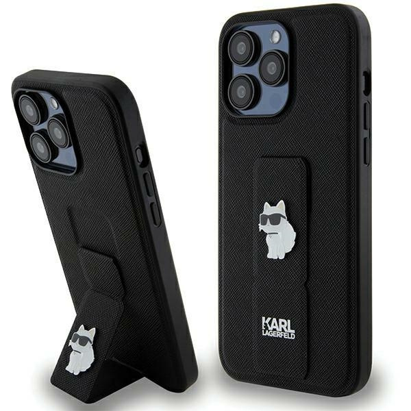 Etui Karl Lagerfeld Gripstand Saffiano Choupette Pins na iPhone 13 Pro Max - czarne