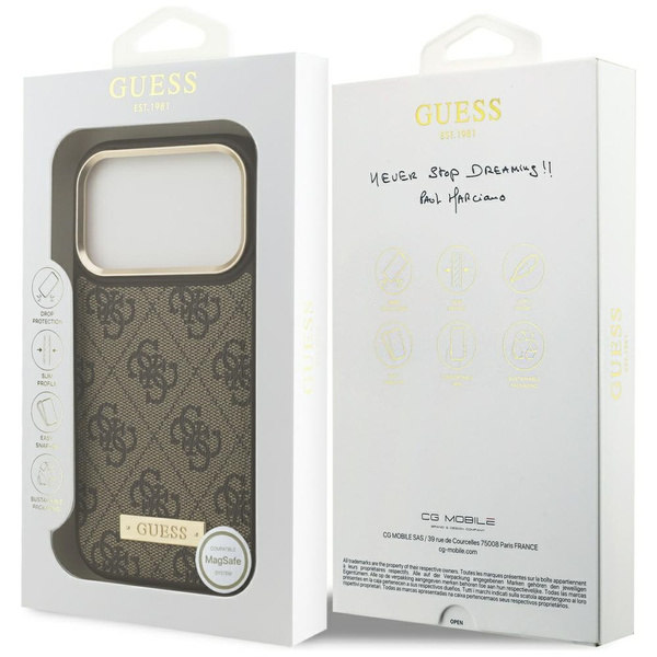Etui Guess 4G Logo Plate MagSafe do      iPhone 17 Pro brązowy