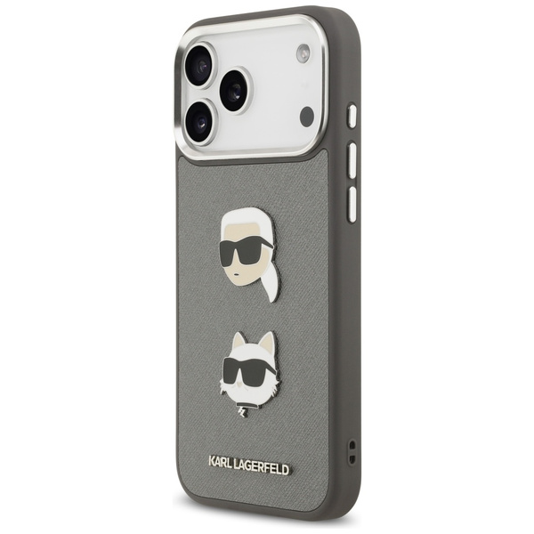 Etui Karl Lagerfeld FW Grained Karl &    Choupette Heads Pins & Logo do iPhone 17 Pro Max szary