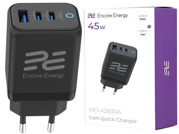  ładowarka sieciowa GaN 45W USB-A + 2x USB-C QC PPS PD Encore Energy MD-4583RA