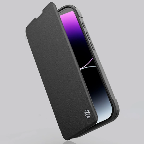 Nillkin Qin Prop Leather Case with Camera Cover and Stand for iPhone 16 - Black