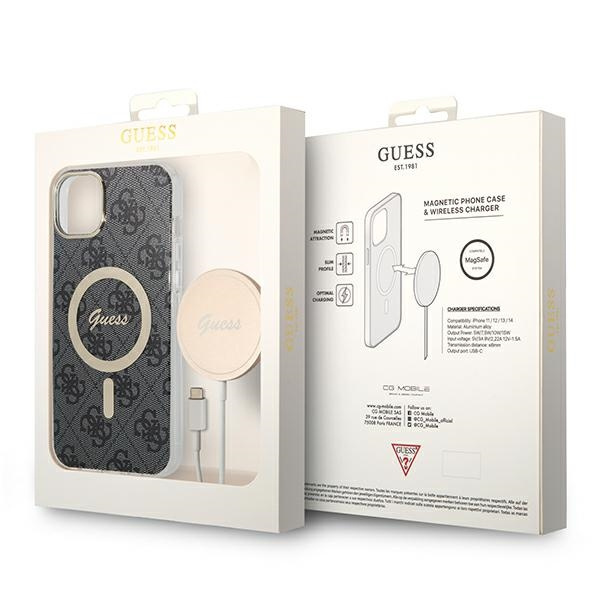 Zestaw Guess GUBPP14SH4EACSK Case+ Charger iPhone 14 / 15 / 13 6,1" czarny/black hard case 4G Print MagSafe