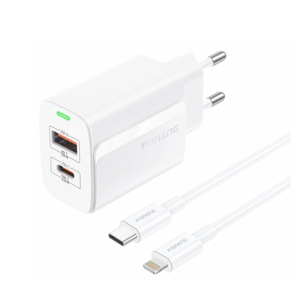 FONENG wall charger EU66 PD 20W 1xUSB-C + 1xUSB QC3.0 + cable USB-C - Lightning White