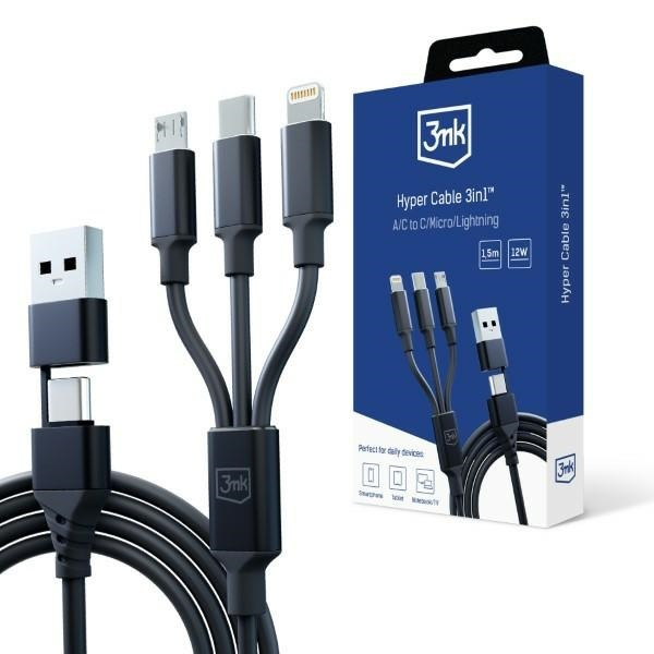 3MK HYPER CABLE 3IN1 USB-A/USB-C - USB-C/MICRO/LIGHTNING 1.5M BLACK/BLACK CABLE