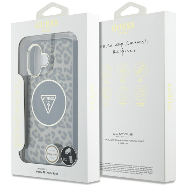 Etui Guess HC IML Leopard Triangle Cord  Strap do iPhone 16 MagSafe brązowy