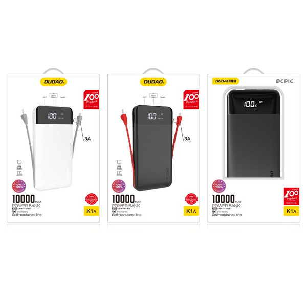 Dudao 2x USB power bank 10000mAh 2A wbudowany kabel 3w1 Lightning / USB Typ C / micro USB 3A czarny (K1A black)