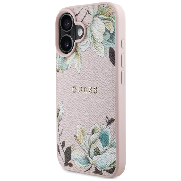 Etui Guess Grained Printed Flower        Pattern MagSafe do iPhone 16 różowy