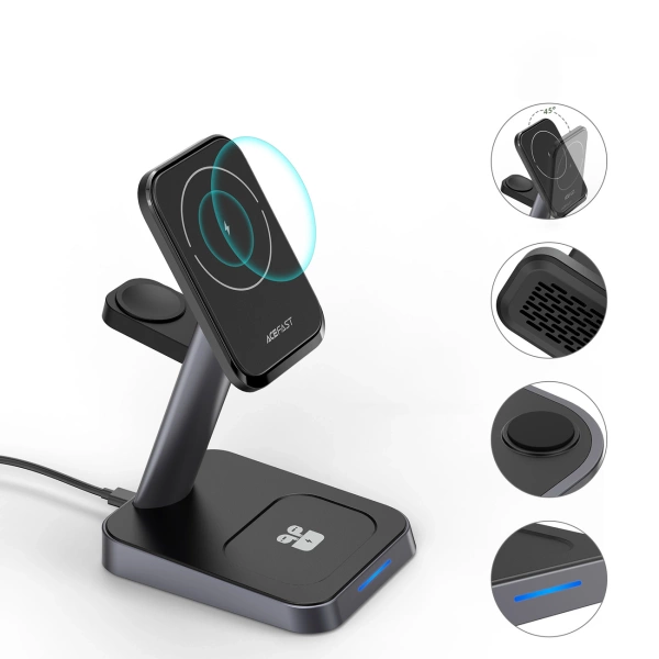 Acefast bezprzewodowa ładowarka Qi 15W do iPhone (z MagSafe), Apple Watch i Apple AirPods stojak podstawka uchwyt magnetyczny czarny (E3 black)