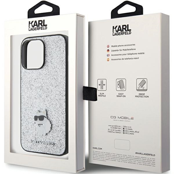 Etui Karl Lagerfeld Fixed Glitter Choupette Logo Metal Pin do iPhone 15 Pro Max - srebrne