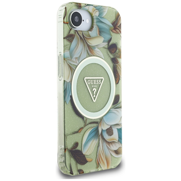 Etui Guess IML Metal Glitter Flowers     Triangle MagSafe do iPhone 16e zielony