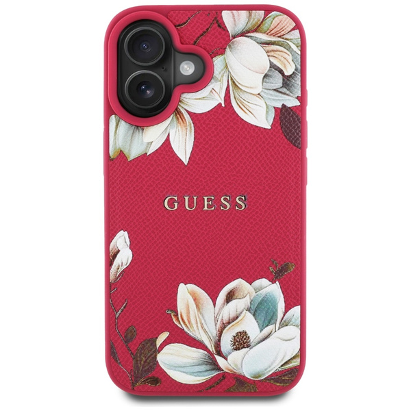 Etui Guess Grained Printed Flower Pattern MagSafe do iPhone 16 fuksja