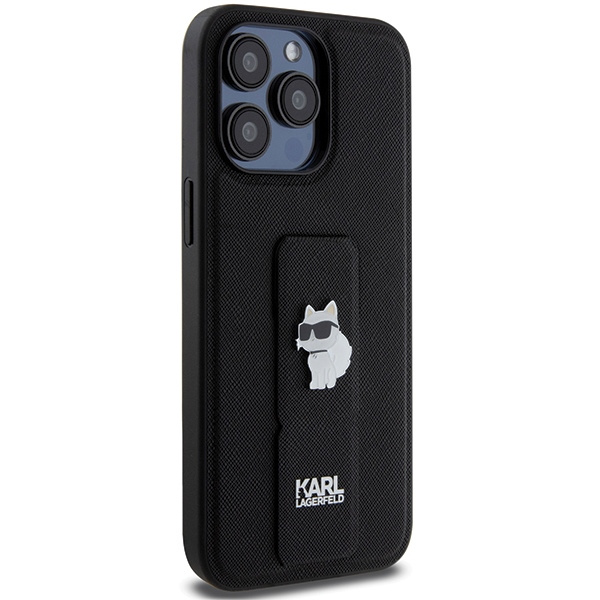 Etui Karl Lagerfeld Gripstand Saffiano Choupette Pins na iPhone 13 Pro Max - czarne