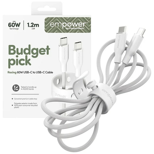 Kabel empower by PanzerGlass Racing 60W USB-C do USB-C 1.2m srebrno-biały