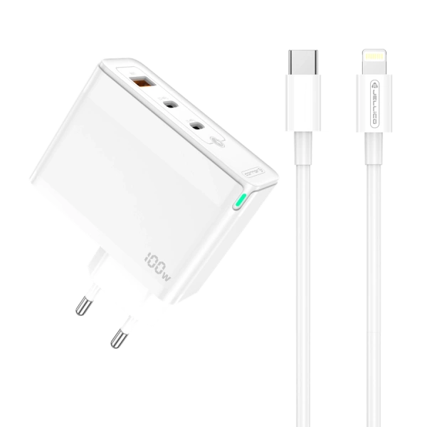 JELLICO wall charger C118 GaN PD 100W 2xUSB-C + 1xUSB QC3.0 + cable USB-C - Lightning White