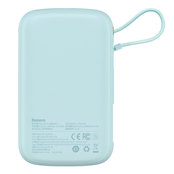 Baseus Qpow power bank 10000mAh wbudowany kabel USB Typu C 22.5W Quick Charge SCP AFC FCP niebieski (PPQD020103)