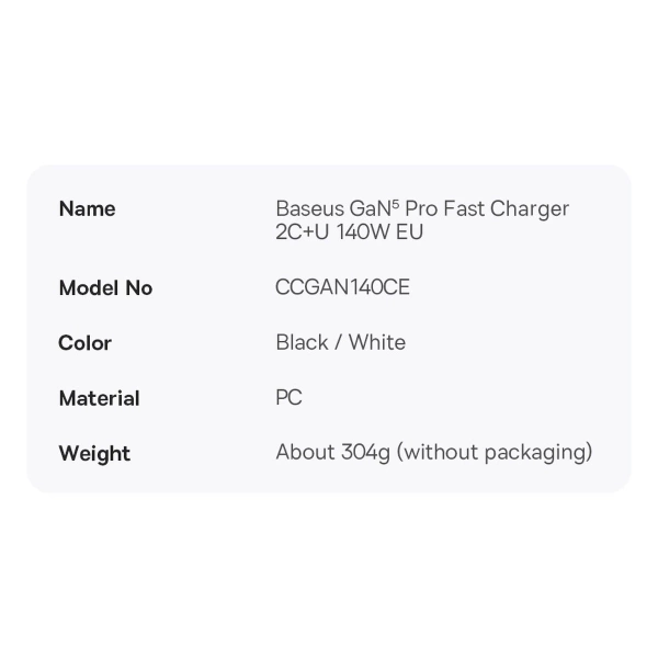 Baseus GaN5 Pro fast charger 2xUSB-C + USB 140W EU black (CCGP100201)