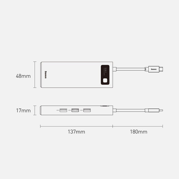 BASEUS METAL GLEAM 9IN1 MULTIFUNCTIONAL HUB USB TYPE C - 3X USB 3.2 GEN 1 5GBPS / USB TYPE C PD 100W / VGA FULL HD 60HZ / HDMI 4K 30HZ / CZYTNIK KART TF I SD / RJ45 1GBPS GRAY (CAHUB-CU0G)