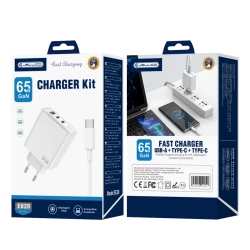 JELLICO wall charger EU20 GaN PD 65W 2xUSB-C + 1xUSB QC3.0 + cable USB-C - USB-C White