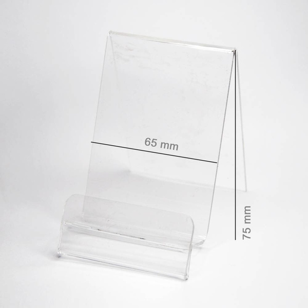 Podstawka Pionowa Plexi / Stojak na telefon z Zakładką na Cenę (Smartfon) szer. 65 mm