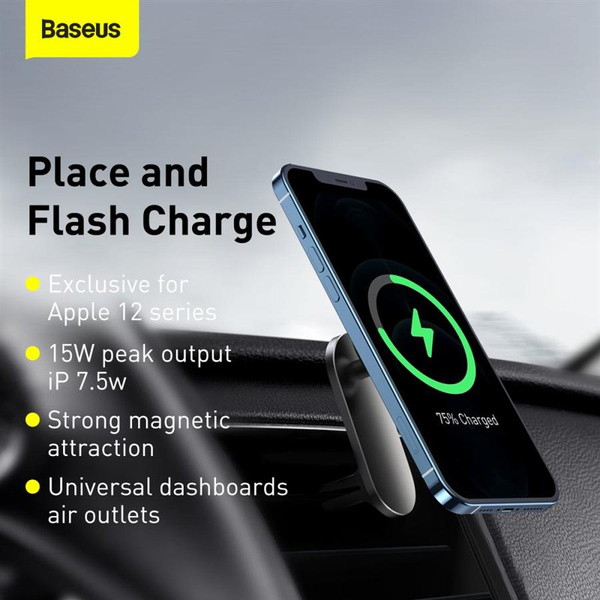 Baseus samochodowy uchwyt magnetyczny bezprzewodowa indukcyjna ładowarka Qi 15 W (kompatybilna z MagSafe do iPhone) czarny (WXJN-01)