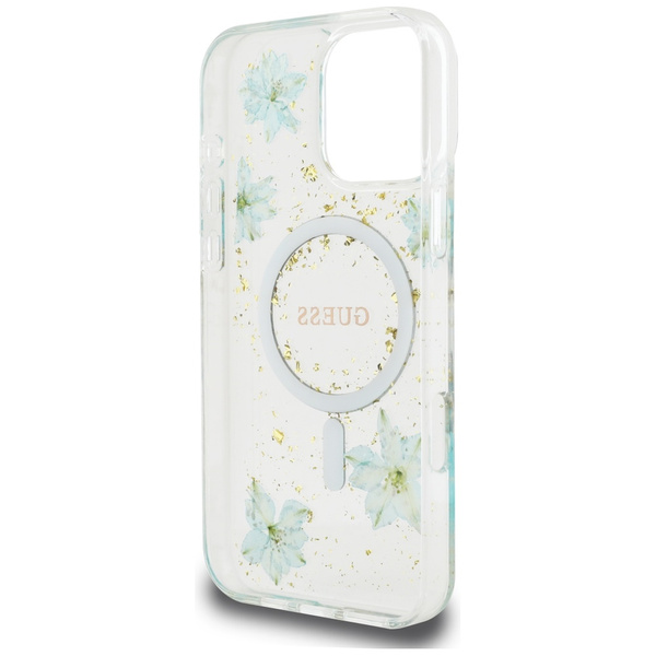 Etui Guess Resin Flowers Glitter MagSafe do iPhone 16 Pro Max turkusowy