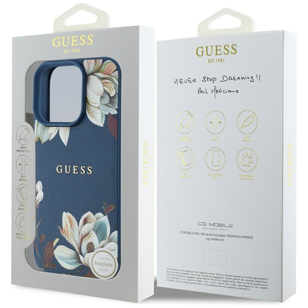 Etui Guess Grained Printed Flower        Pattern MagSafe do iPhone 16 Pro Max niebieski