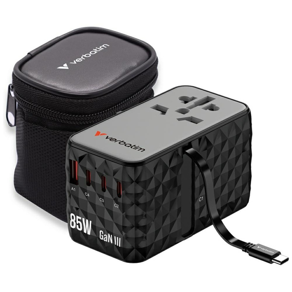 Verbatim Adapter podróżny EU/UK/US GaN   USB-A/3xUSB-C PD 85W CNT-02 czarny/black 32127