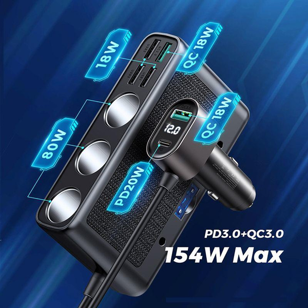 Joyroom JR-CL06 9in1 car charger 154W 5x USB-A / USB-C / 3x cigarette lighter socket PD QC PPS - black
