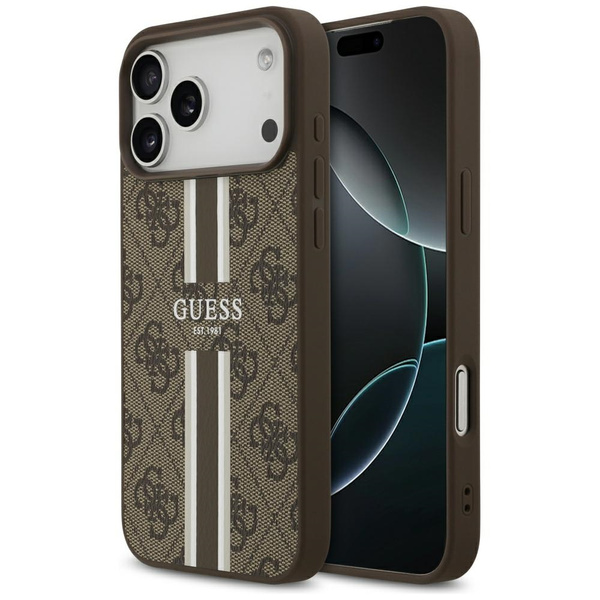 Etui Guess 4G Printed Stripes MagSafe do iPhone 17 Pro Max brązowy