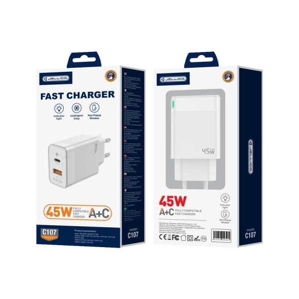 JELLICO ładowarka sieciowa C107 GaN PD 45W 1xUSB-C + 1xUSB QC3.0 Biały