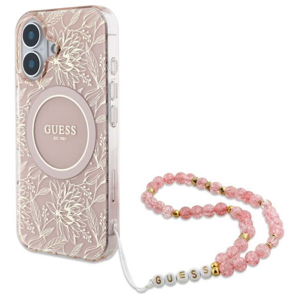Guess GUHMP16SHCPOFPP iPhone 166.1" różowy/pink hardcase IML Flowers Allover Electro With Pearl Strap MagSafe